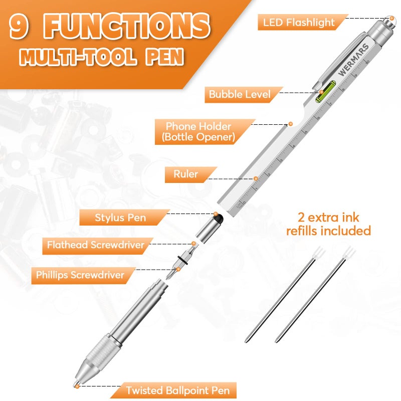 WERMARS Stocking Stuffers for Adults- Gifts for Men  9 in 1 Multitool Pen  Christmas Gift for Dad  Gifts for Him  Tool Gifts for Dad from Kids  Gifts for Husband  Boyfriend  Grandpa(Silver) - Image 3